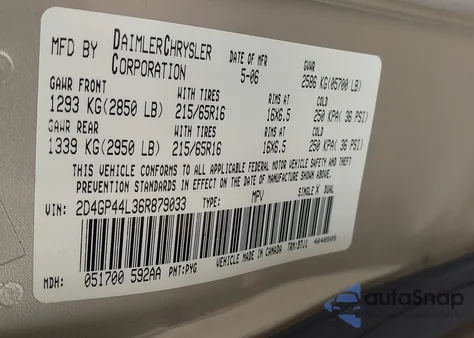 2006 Dodge Grand Caravan Sxt from USA, damaged, VIN 2D4GP44L36R879033